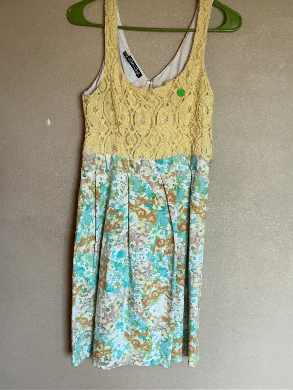 Stooshy Pale Yellow Lace Dress With Floral Printed Skirt
